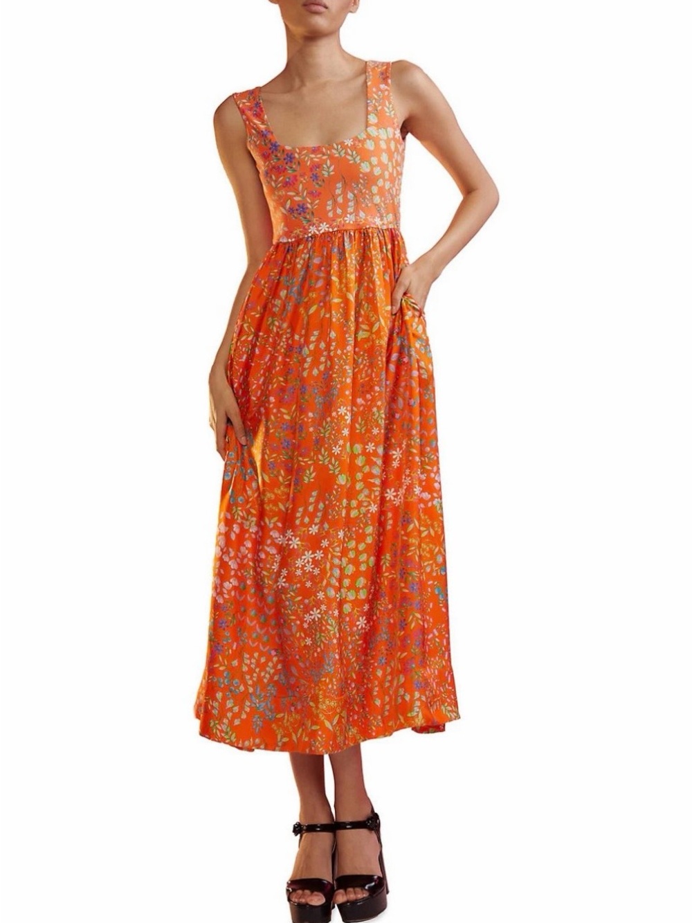 Cynthia Rowley Orange Floral Square-Neck Maxi Dress
